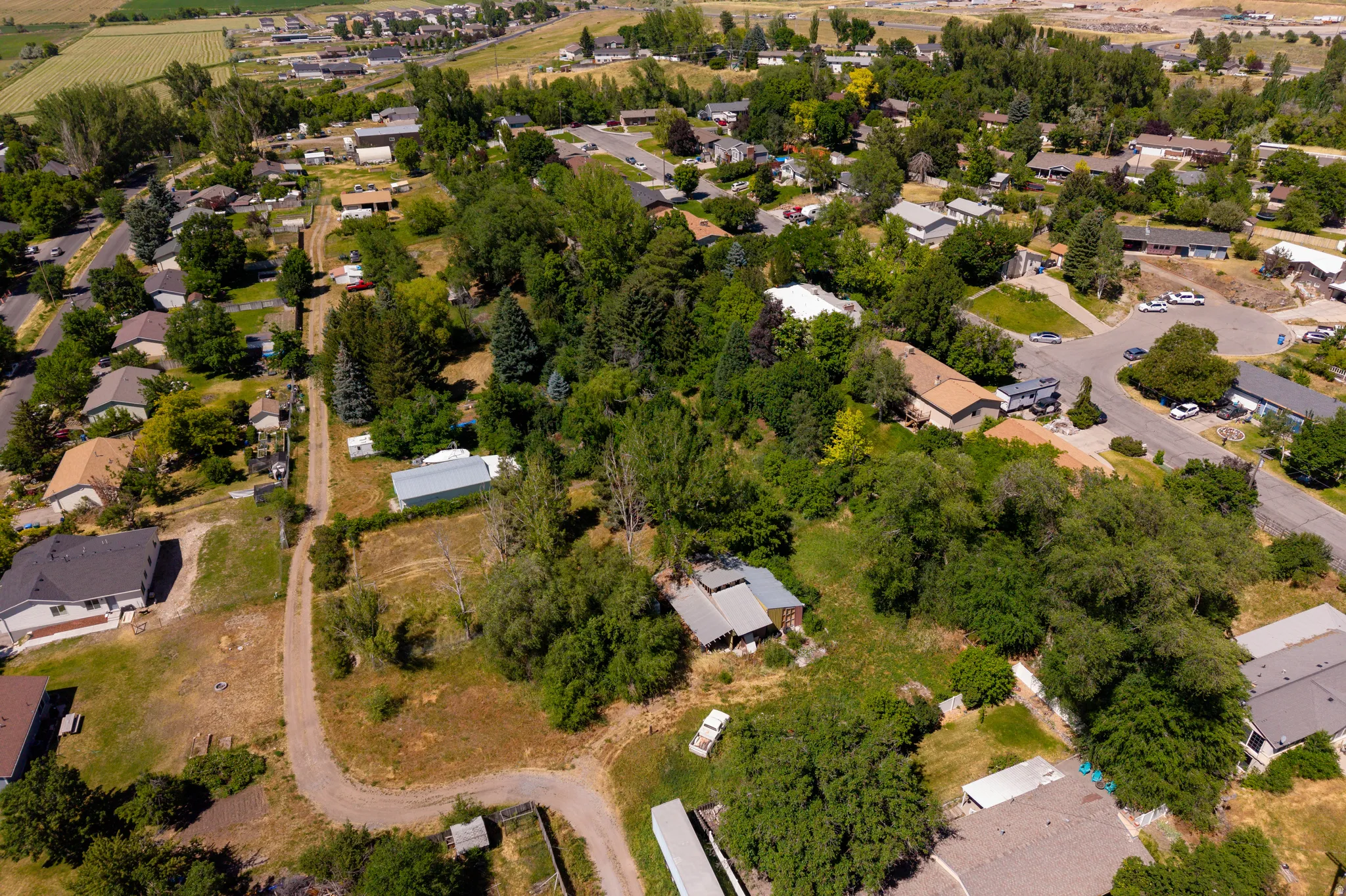 Sprawling suburban landscape featuring mature trees, residential properties with varied rooflines, and a visible road network