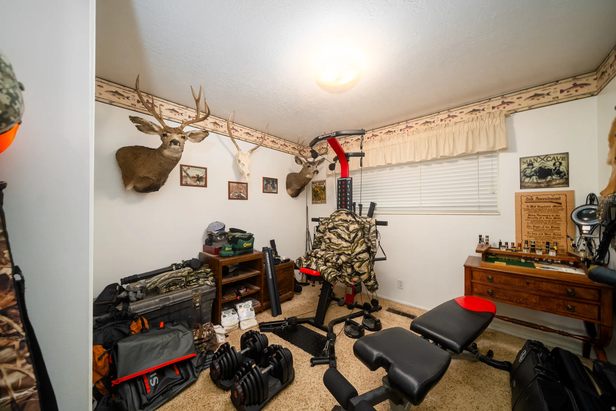 Room featuring a window with blinds, wall-mounted light fixture, and textured carpeting