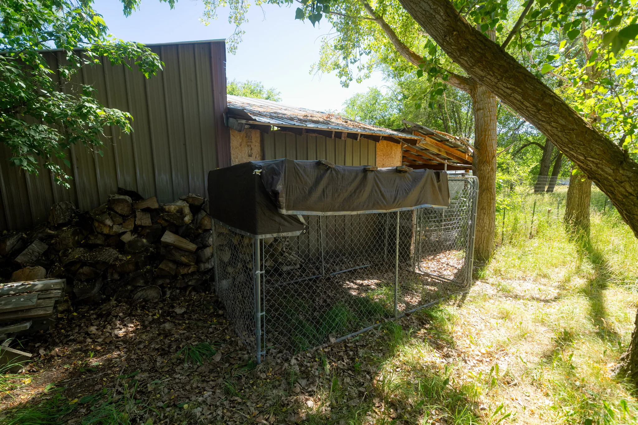 Chain link enclosure with a covered top, positioned beside a corrugated metal structure