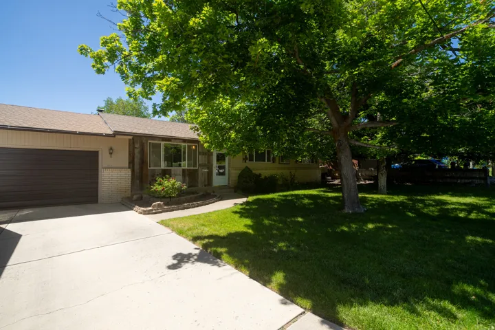 Ranch-style exterior with a dark brown garage door, light brick accents, and a front entry featuring a white door