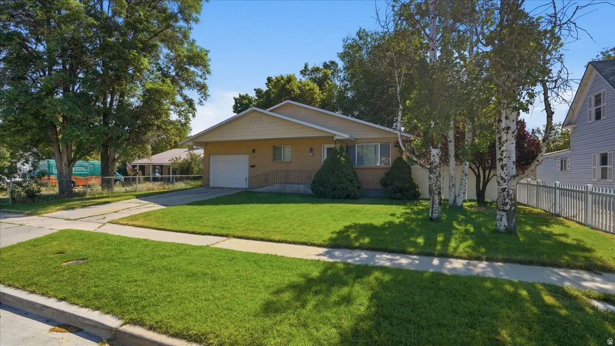 Ranch-style residence featuring a single-car garage, mature front yard trees, and a concrete driveway