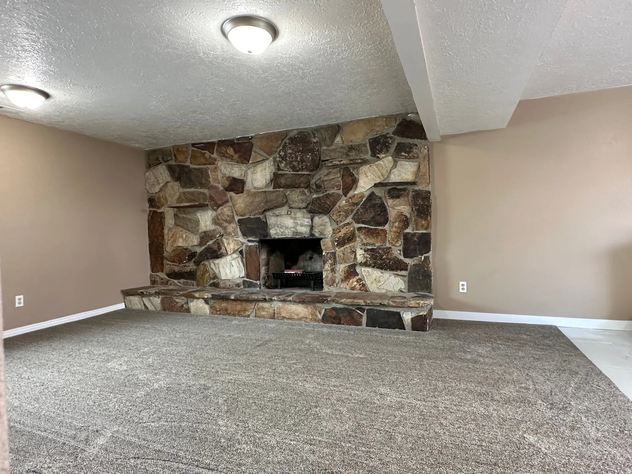 Stone-clad fireplace with hearth and a warm color palette