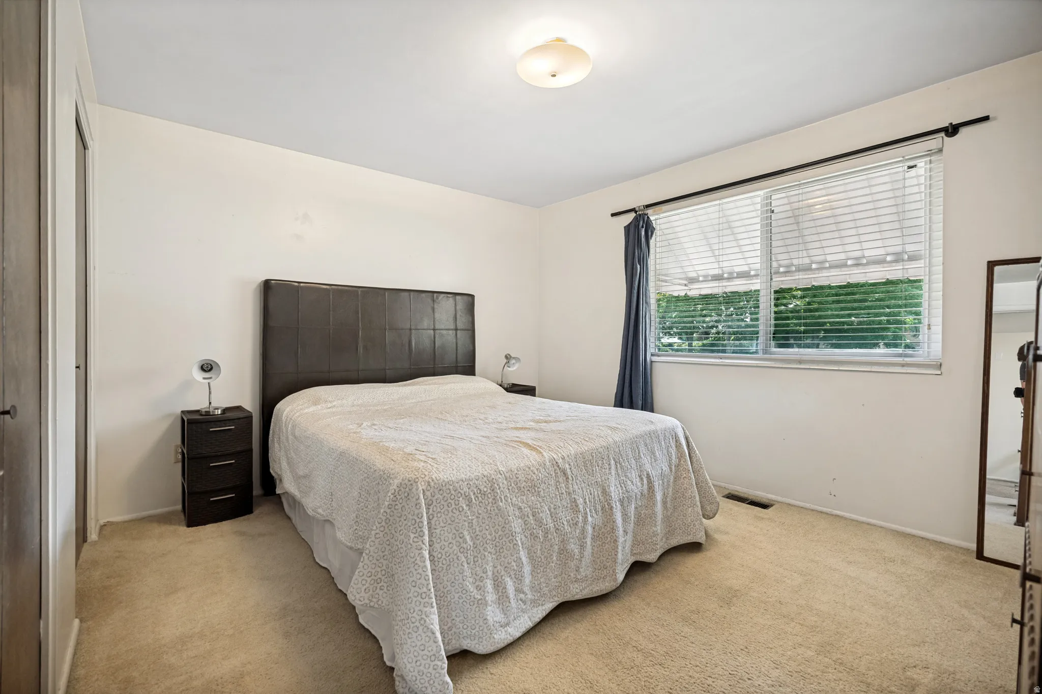 Bedroom featuring neutral wall paint, ceiling-mounted light fixture, carpeting, and a window with horizontal blinds and drapery rod