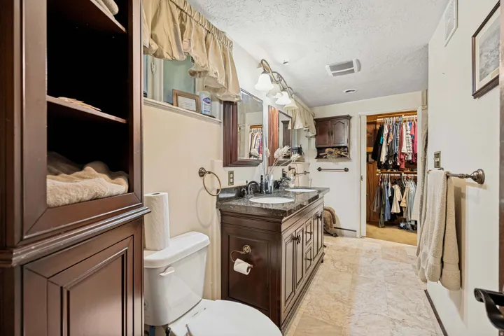Bathroom featuring a double vanity with dark wood cabinetry and a stone countertop
