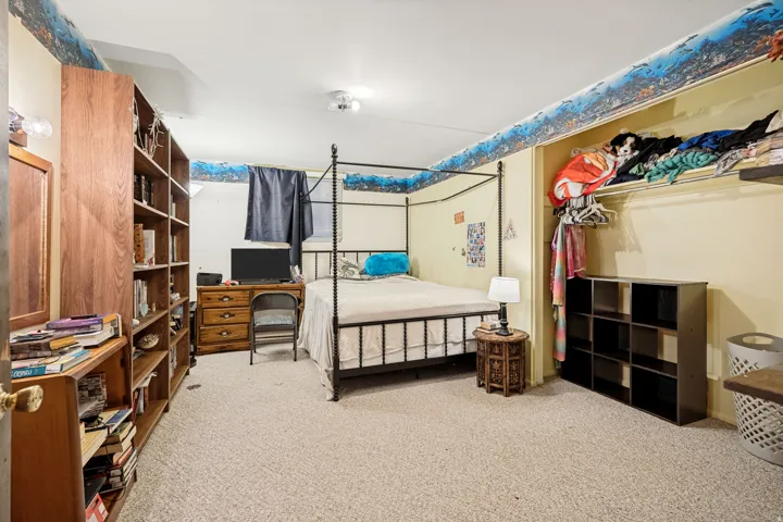 Carpeted room featuring a ceiling-mounted light fixture, built-in shelving, and a recessed wall area with storage