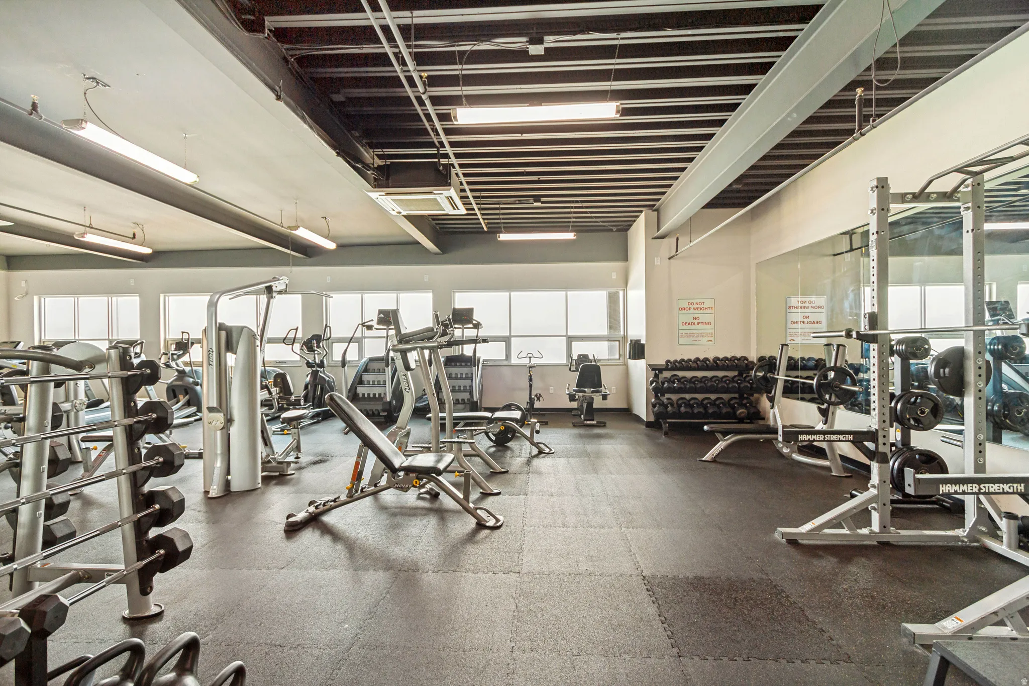 Dedicated fitness area featuring rubberized flooring and extensive workout equipment