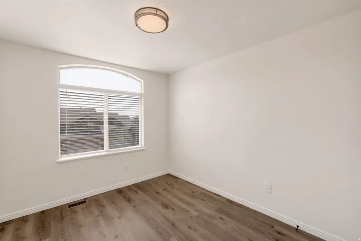 Arched transom window with blinds, wood-finish flooring, white baseboards, flush mount ceiling light, and white painted walls