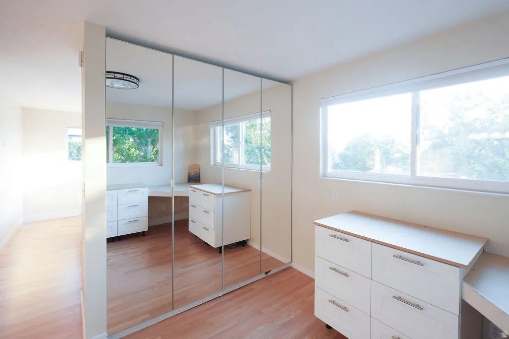Mirrored wardrobe doors with built-in desk space, wood-finish flooring, two large windows, and a flush-mount ceiling light fixture