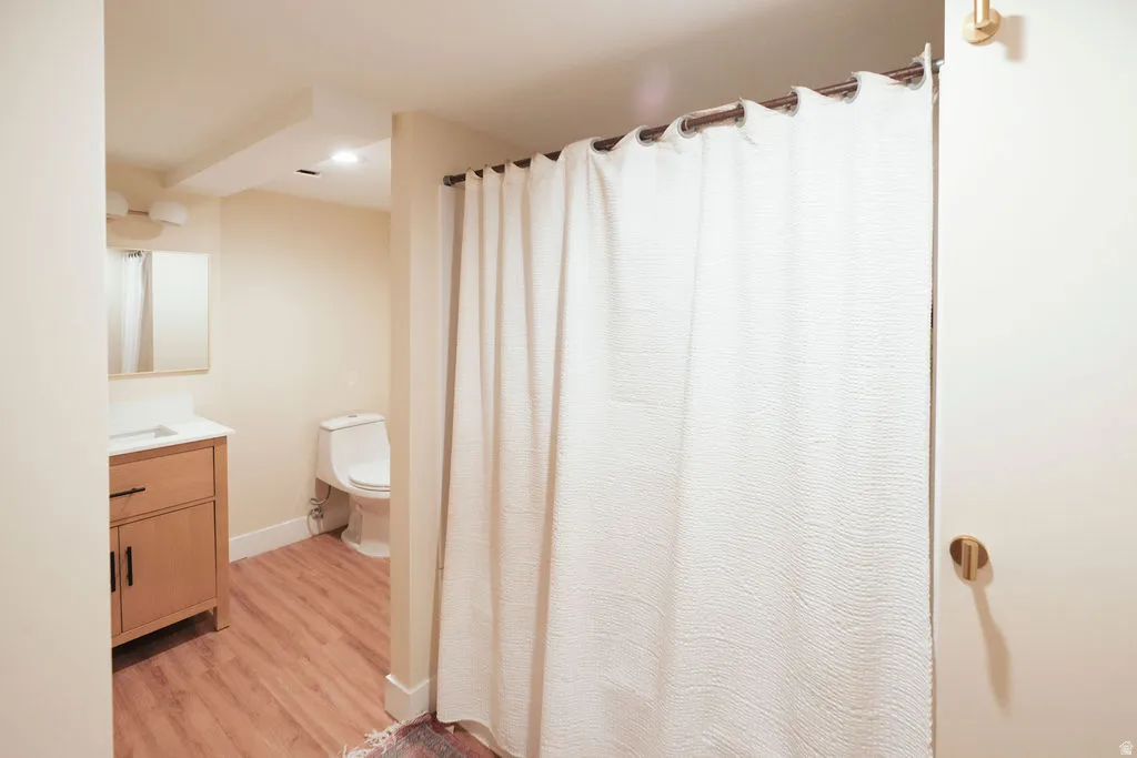Bathroom featuring wood-finish flooring, a contemporary vanity with a white countertop, and a recessed ceiling light