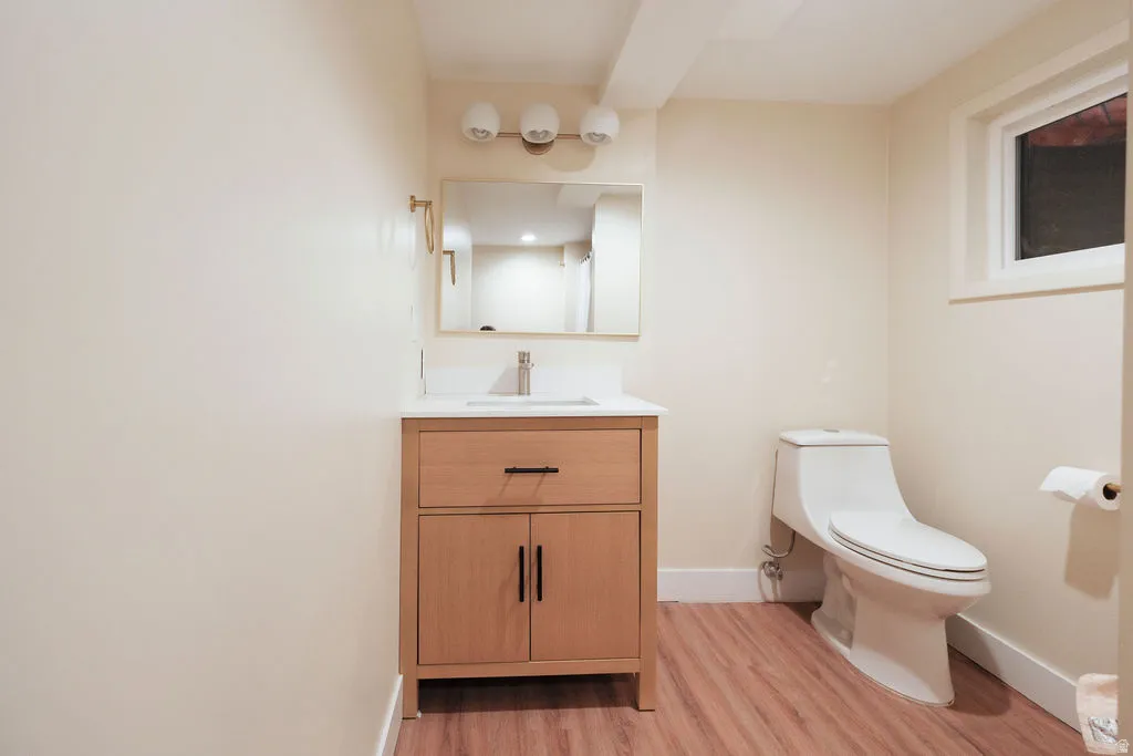 Bathroom featuring a light wood-finish vanity with a white countertop and rectangular sink, a wall-mounted mirror, and a modern toilet