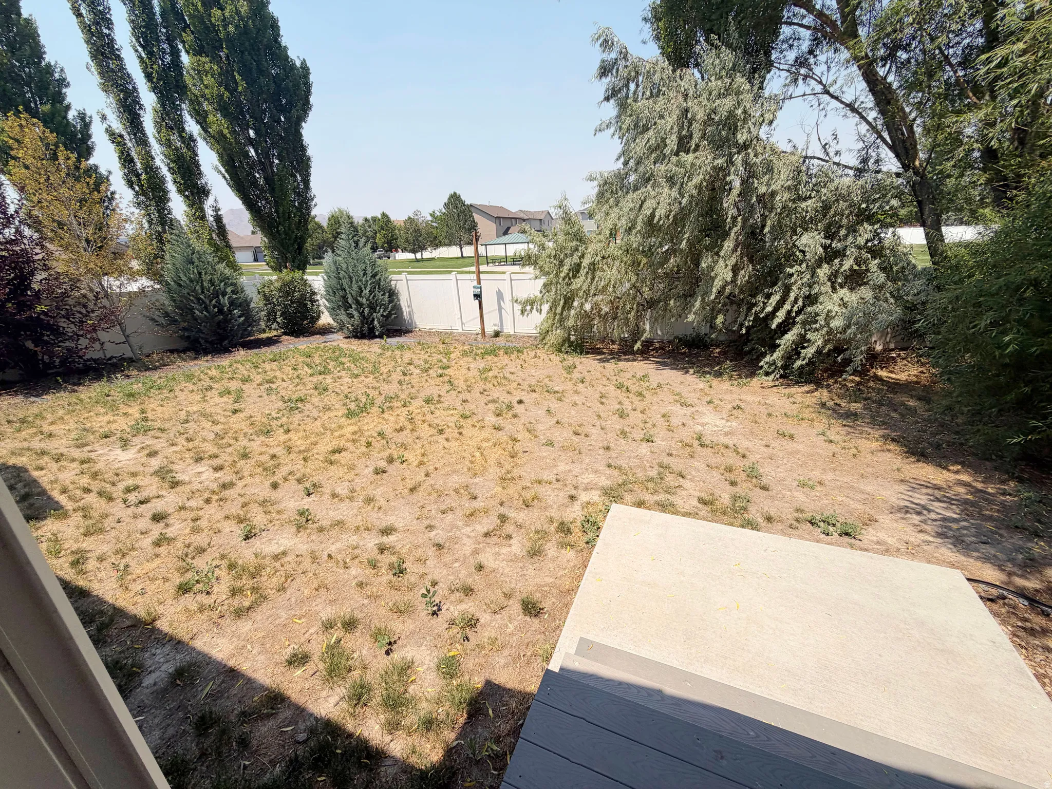 Expansive backyard featuring a concrete patio pad and steps, perimeter fencing, and mature trees