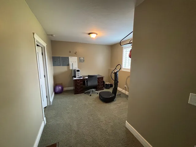 Carpeted room featuring a white interior door with trim, a small window with horizontal blinds, and a ceiling-mounted light fixture