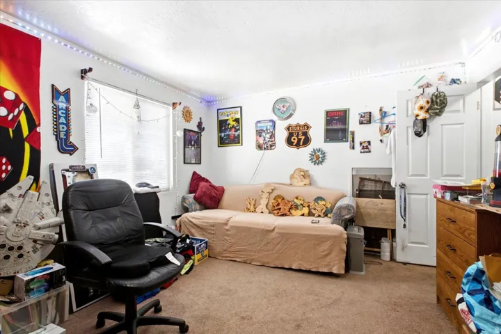 Carpeted room with a double-pane window featuring white blinds, a white paneled door, and neutral wall tones