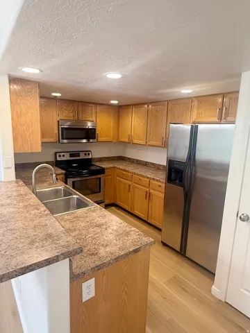 Kitchen featuring wood cabinetry, stainless steel appliances, a double basin sink, ample countertop space, and recessed lighting