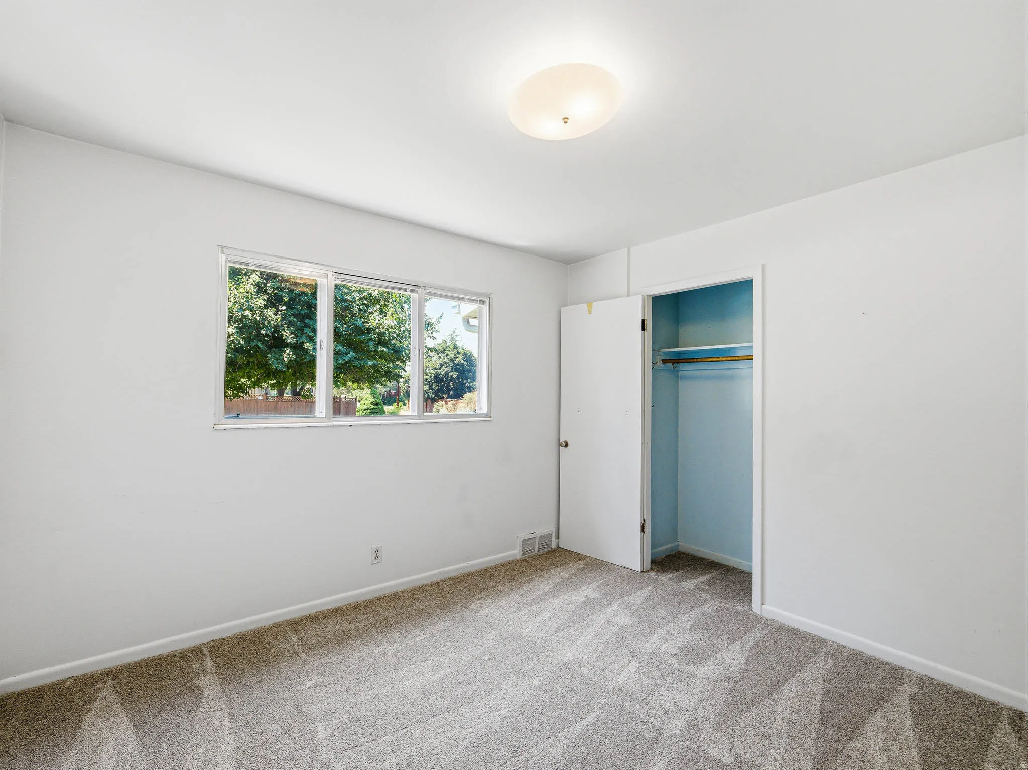 Carpeted room featuring a window with exterior tree scenery, a flush-mount ceiling light fixture, and a closet with an open door revealing interior shelving and a clothes rod