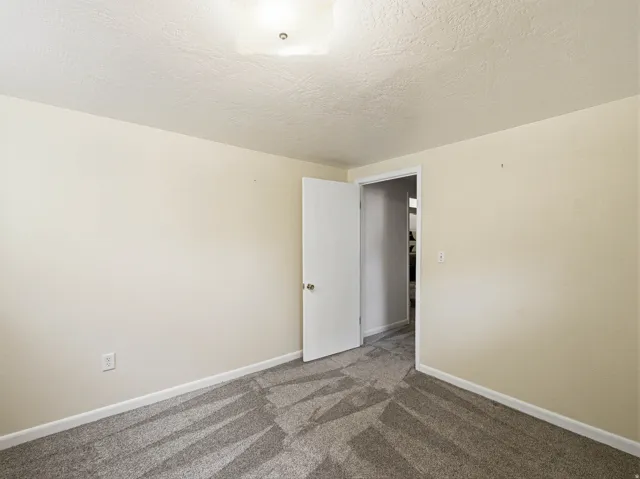 Cream-toned walls featuring a textured finish, gray patterned carpeting, white baseboards, and a flush-mount ceiling light