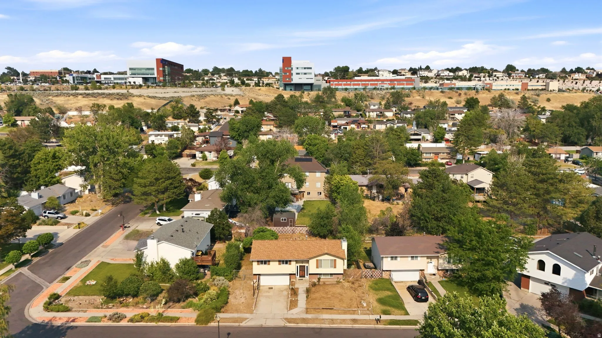 Residential neighborhood featuring detached homes on tree-lined streets with distant urban architecture