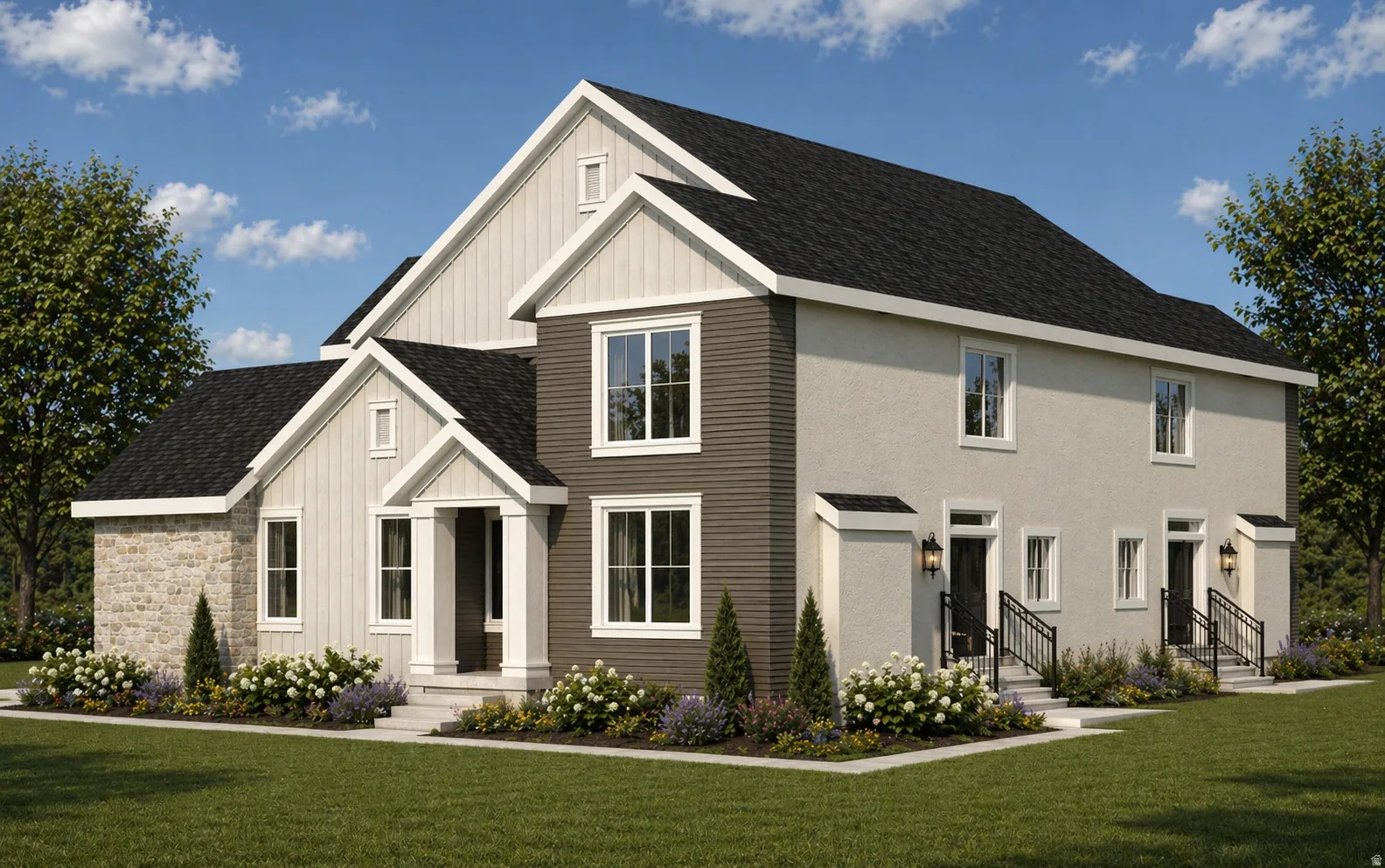 Multi-level residence featuring a dark asphalt shingle roof and a combination of light stone veneer, vertical board-and-batten siding, horizontal siding, and stucco finishes