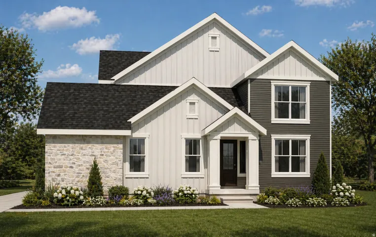 Modern farmhouse exterior featuring a stone accent wall, dark gray siding, white board and batten siding, multiple gables, and a prominent front entry with a dark paneled door