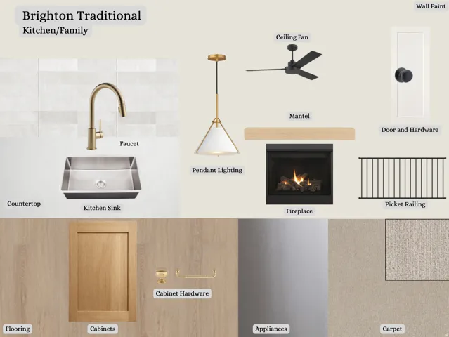 Design Selection Sheet. Displaying material and fixture options for the property's kitchen and shared living areas