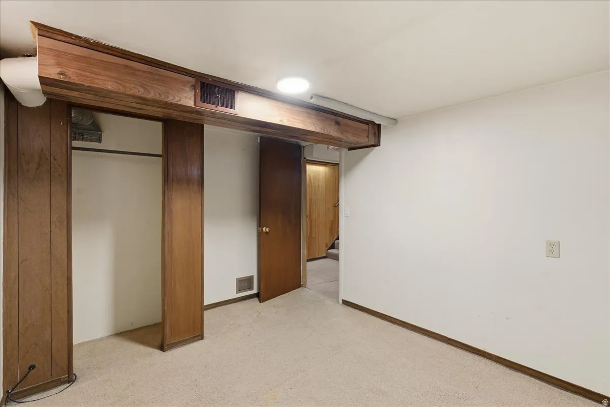 Carpeted interior space featuring a wood-paneled closet with a hanging rod, a wood-finish door, and a built-in overhead light fixture