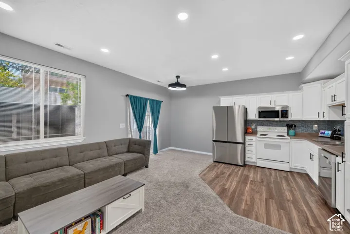 Open-concept living space featuring recessed lighting and a ceiling-mounted light fixture