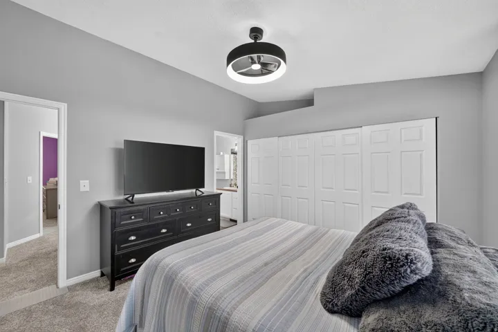 Bedroom featuring light gray walls, carpet flooring, a ceiling-mounted light fixture, and white bi-fold closet doors