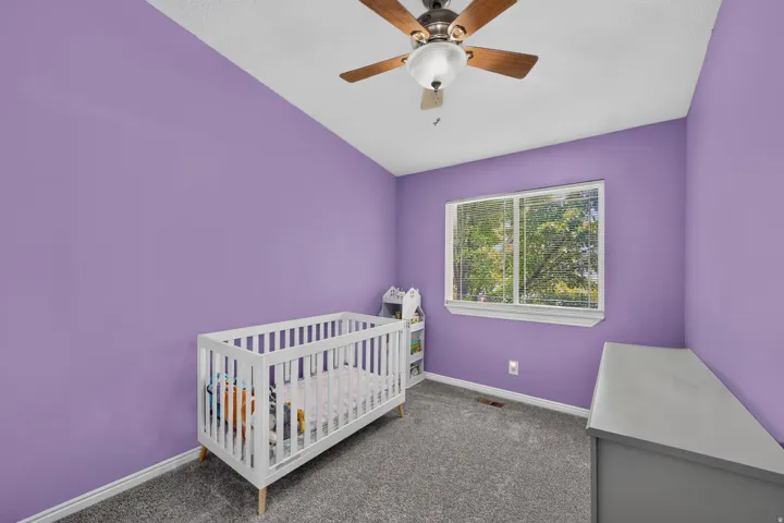 Carpeted room featuring a ceiling fan, a window with exterior tree scenery, baseboards, and painted walls