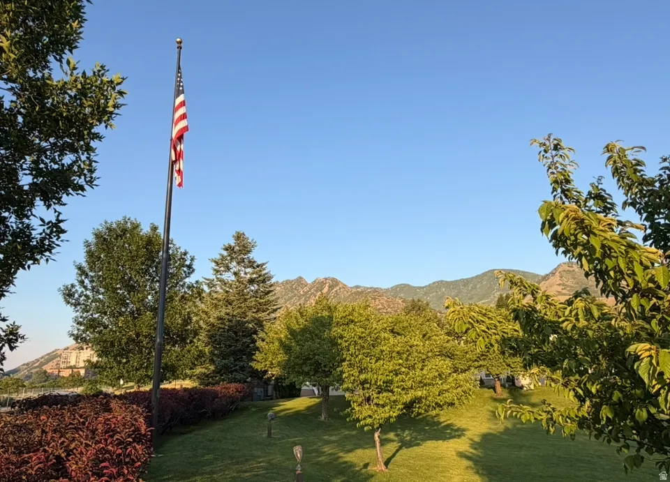 Expansive landscaped yard featuring a flagpole, mature trees, manicured lawn, and distant mountains