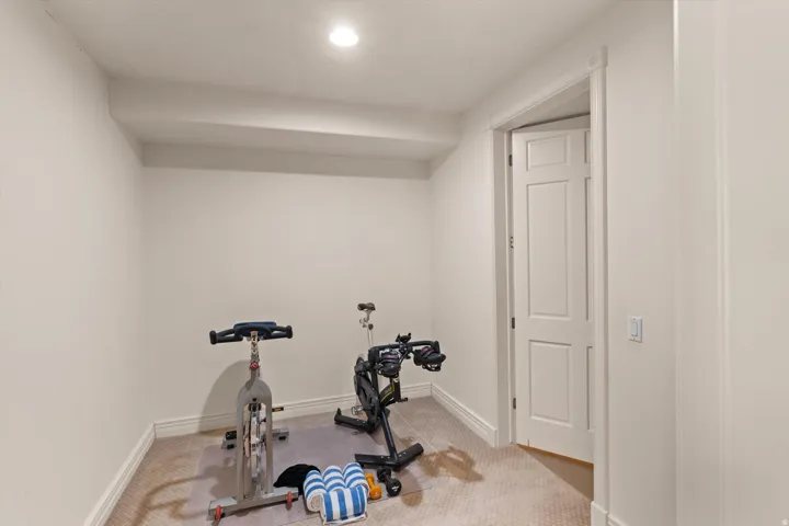 Carpeted room with recessed lighting and a single panel interior door