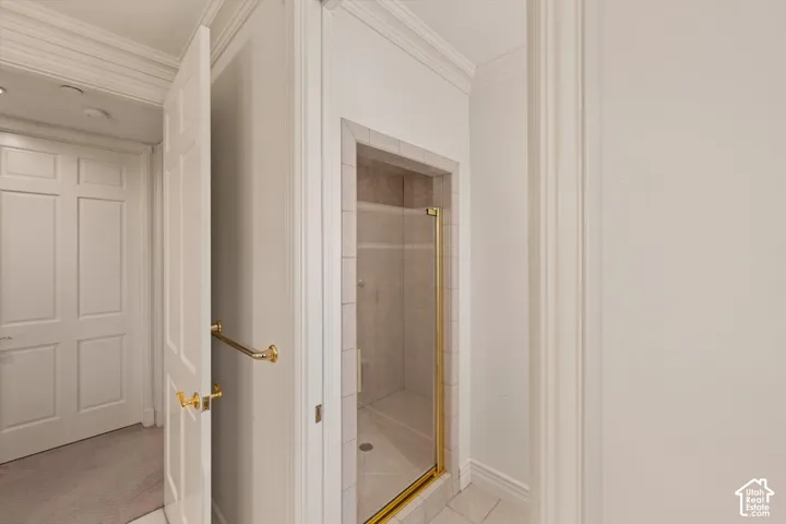 Tiled shower enclosure featuring a glass door with brass-finish hardware