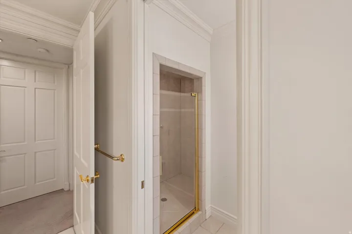 Tiled shower enclosure featuring a glass door with brass-finish hardware