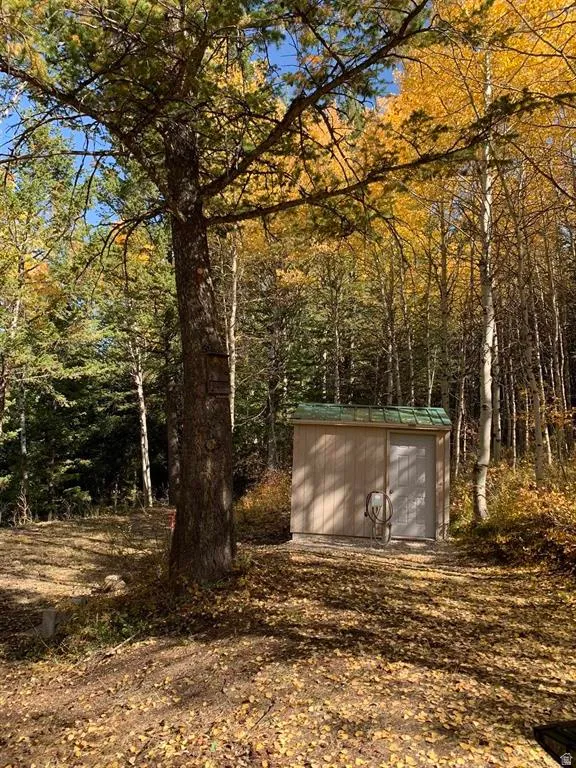 Detached storage shed with a green metal roof, light-colored siding, and a single entry door