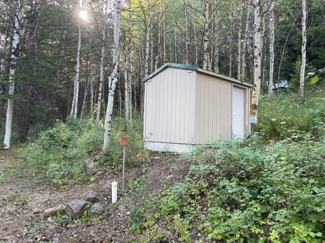 Freestanding storage shed with beige siding and a green roof