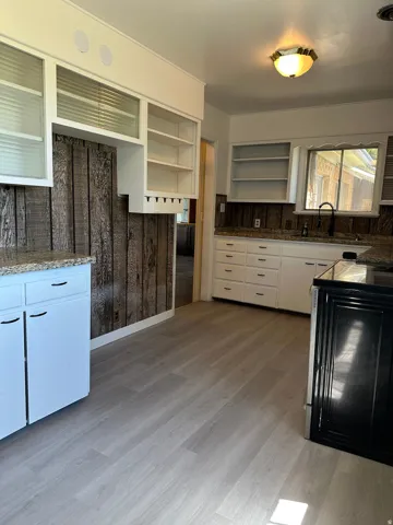 Wood-finish flooring throughout, white cabinetry, granite-style countertops, wood panel backsplash, and a built-in range