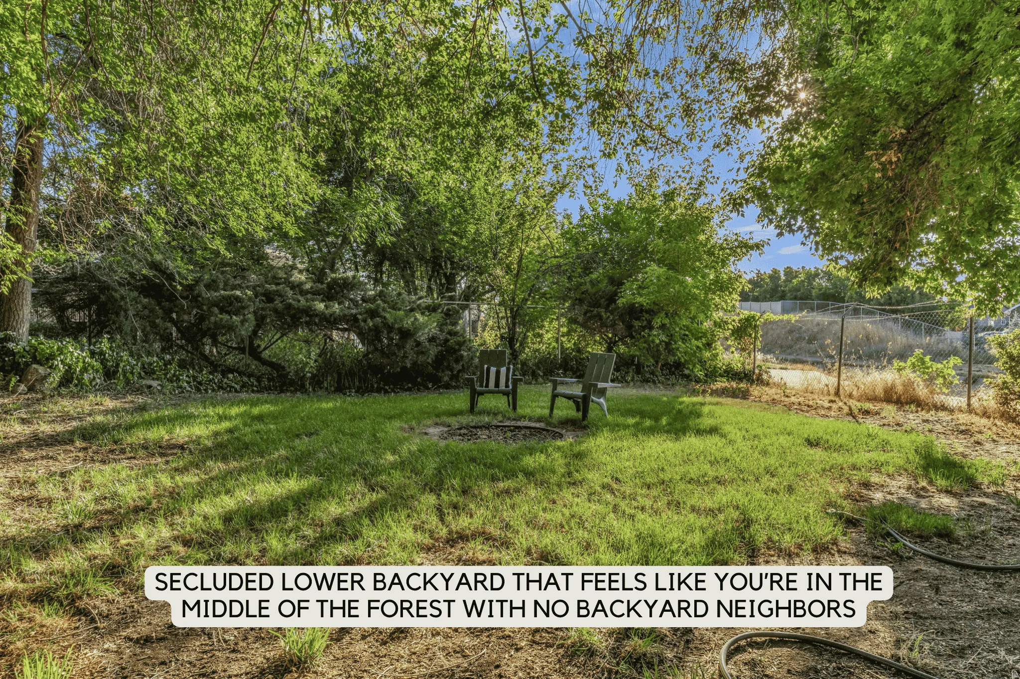 Expansive backyard with a central fire pit, surrounded by mature trees and lush green foliage