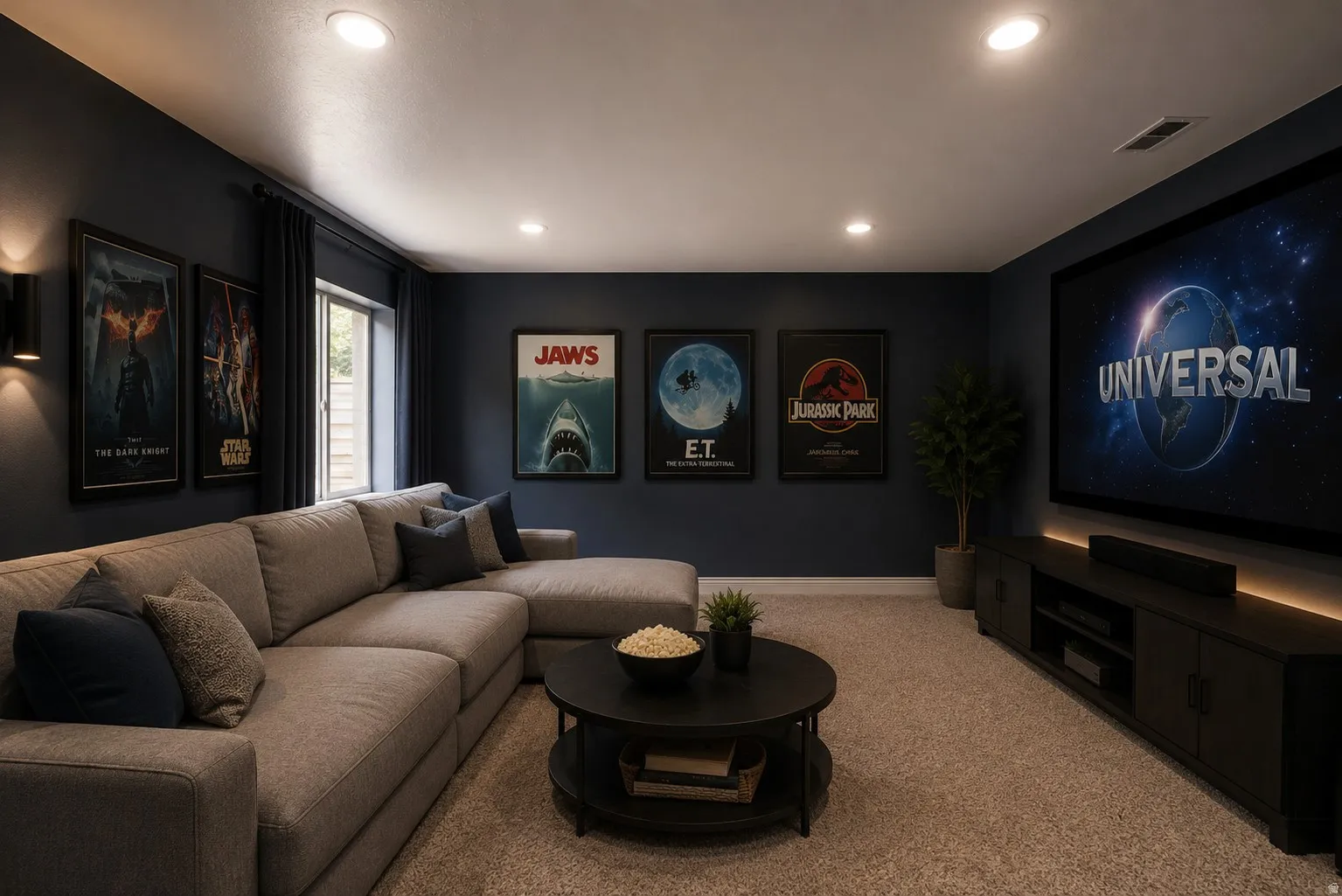 Dedicated media room featuring a large projection screen, dark accent walls, recessed ceiling lighting, and wall-mounted sconces