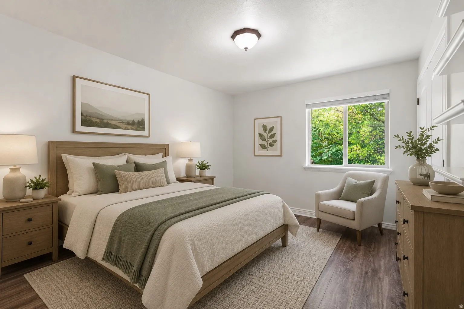 Bright bedroom featuring a large window, rich wood-finish flooring, and white trim