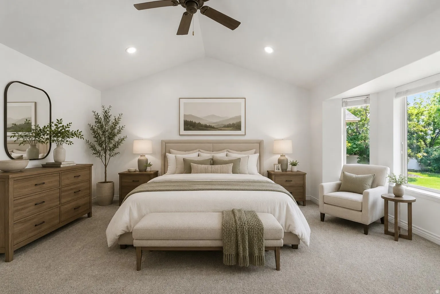 Vaulted ceiling bedroom featuring plush carpeting, a ceiling fan, and recessed lighting