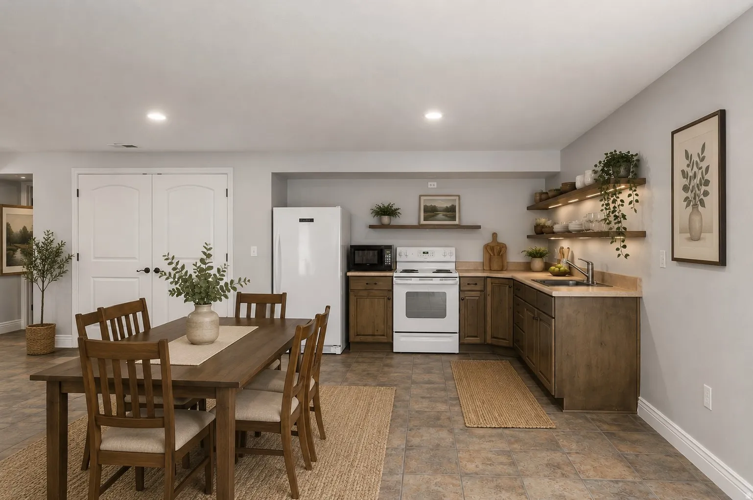 Kitchenette featuring wood-finish cabinetry, a single-basin sink, and open shelving with integrated lighting