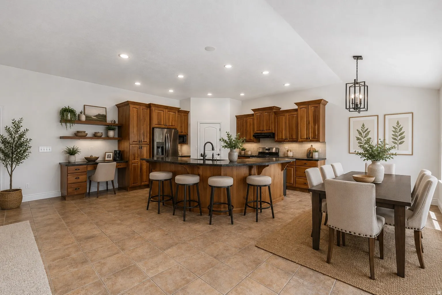 Open-concept kitchen and dining area featuring warm wood cabinetry, a central island with bar seating, and a dedicated built-in desk space