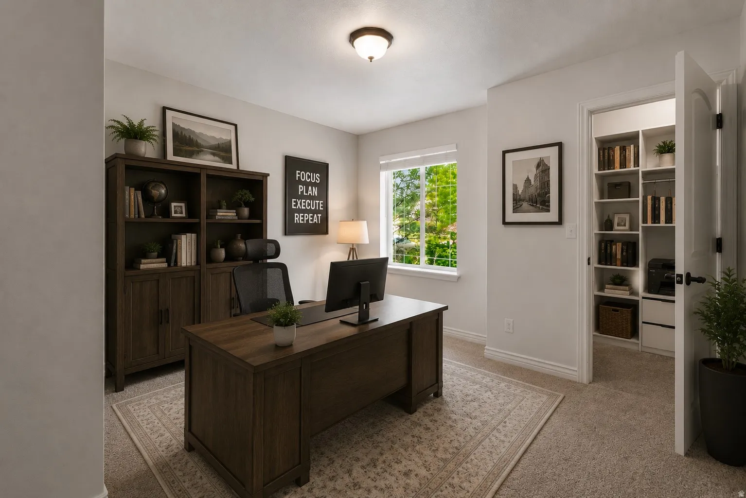 Bright room featuring a window with exterior tree views, wall-to-wall carpeting, and a built-in closet organization system