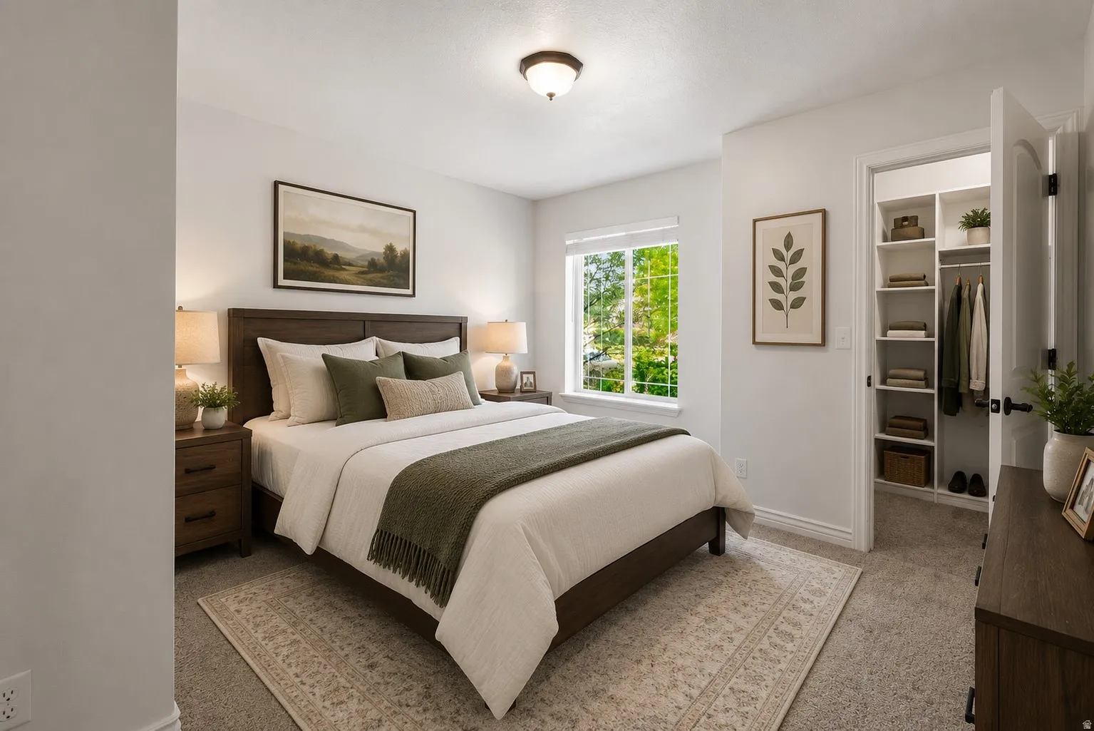 Bright bedroom with a window offering ample natural light, carpeted flooring, and white baseboards