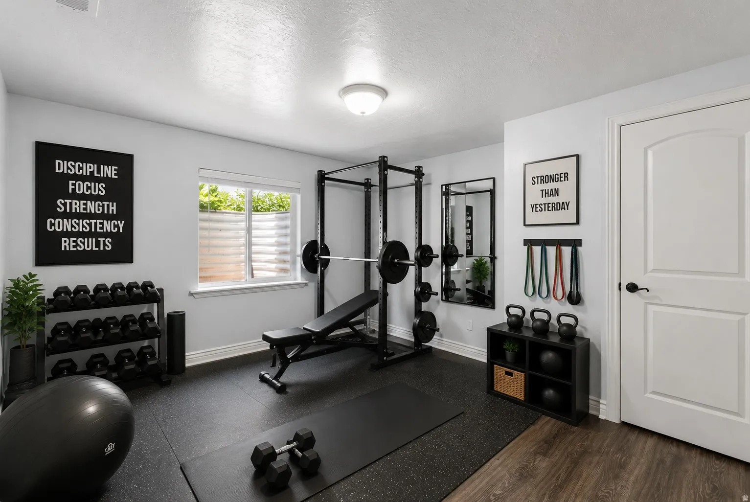 Dedicated fitness space featuring rubber flooring, a window with natural light, and a white interior door