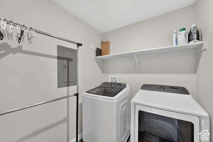 Dedicated laundry area featuring a wall-mounted shelf, electrical panel, and hookups for appliances