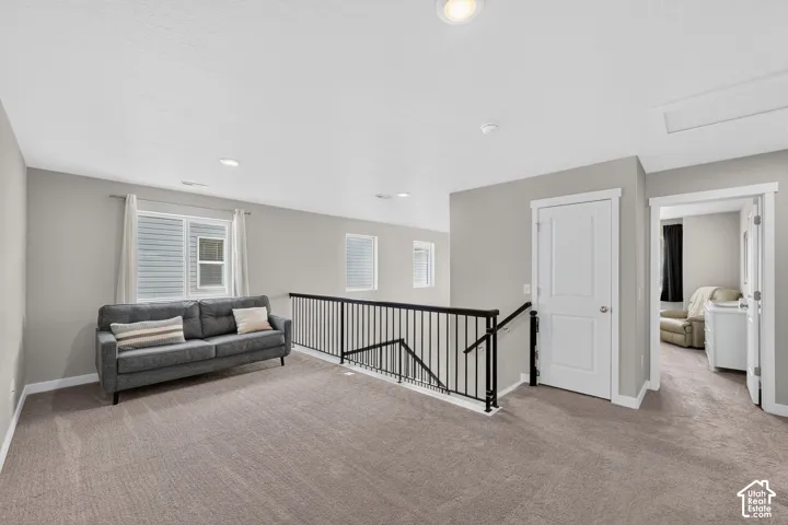Upper-level landing featuring neutral carpet, light gray walls, and white trim