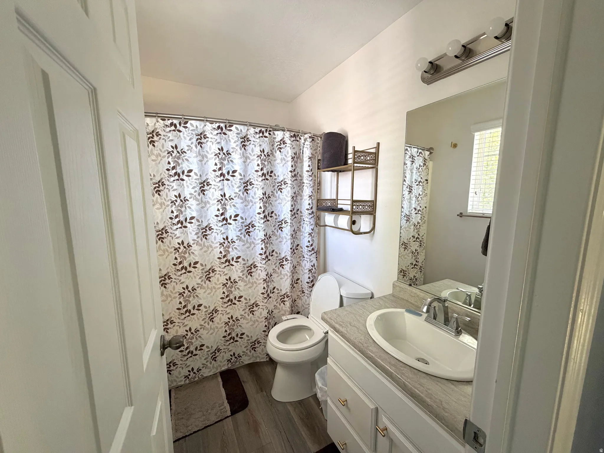 Bathroom featuring wood-finish flooring, a white vanity with an integrated sink, a large mirror, and a wall-mounted light fixture