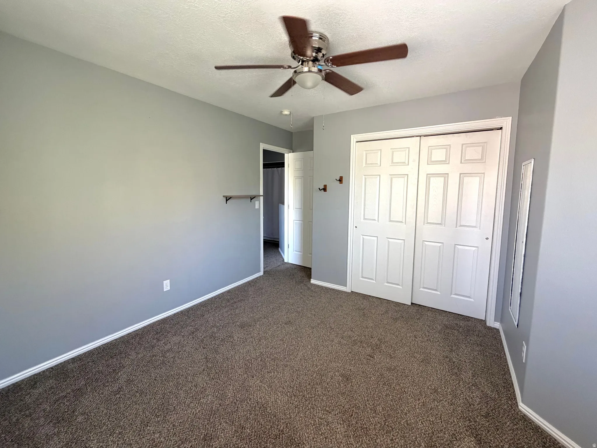 Neutral gray walls complement the brown carpet flooring in this room