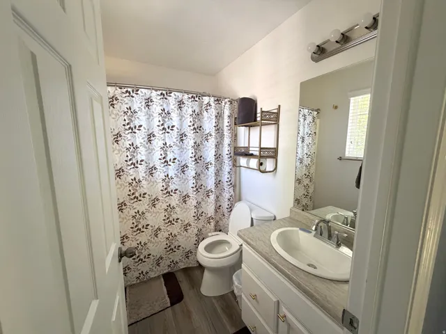 Bathroom featuring wood-finish flooring, a white vanity with an integrated sink, a large mirror, and a wall-mounted light fixture