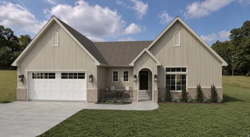 Contemporary ranch-style exterior featuring a two-car garage, board and batten siding, brick accents, a covered front porch, and a concrete driveway